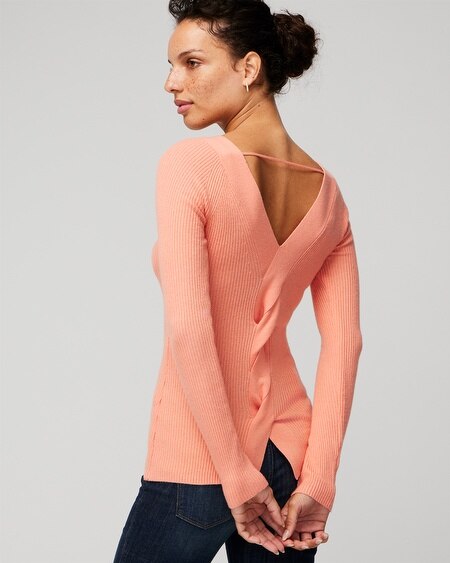 Shop White House Black Market Long Sleeve Ribbed Twist Back Sweater In Peach Rose