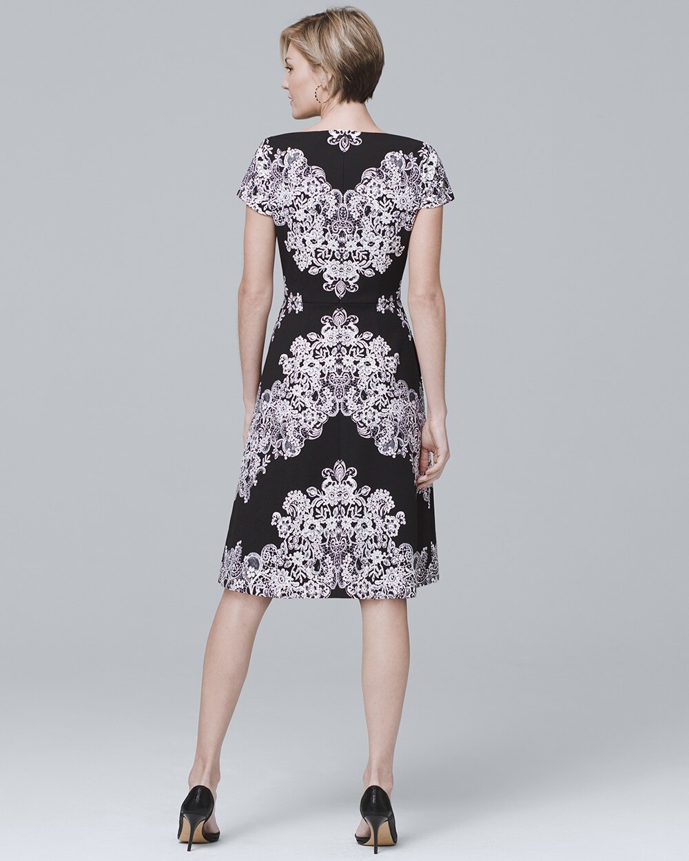 Short-Sleeve Printed Lace Fit-and-Flare Dress - White House Black Market