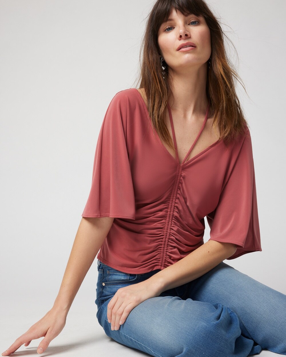 White House Black Market Matte Jersey Ruched Front Top In Rust Red