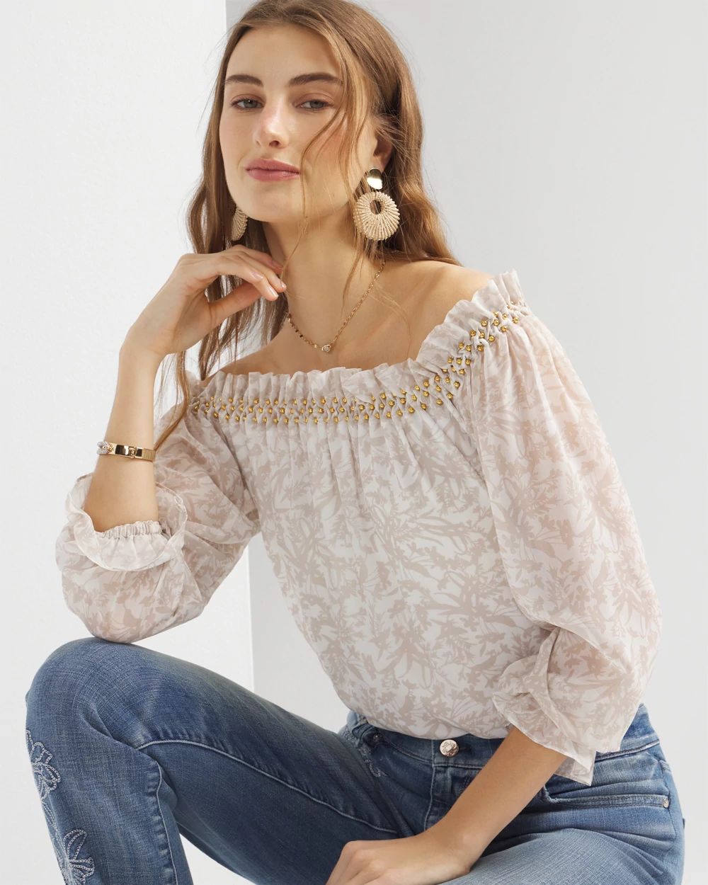 Off-the-Shoulder Beaded Chiffon Top