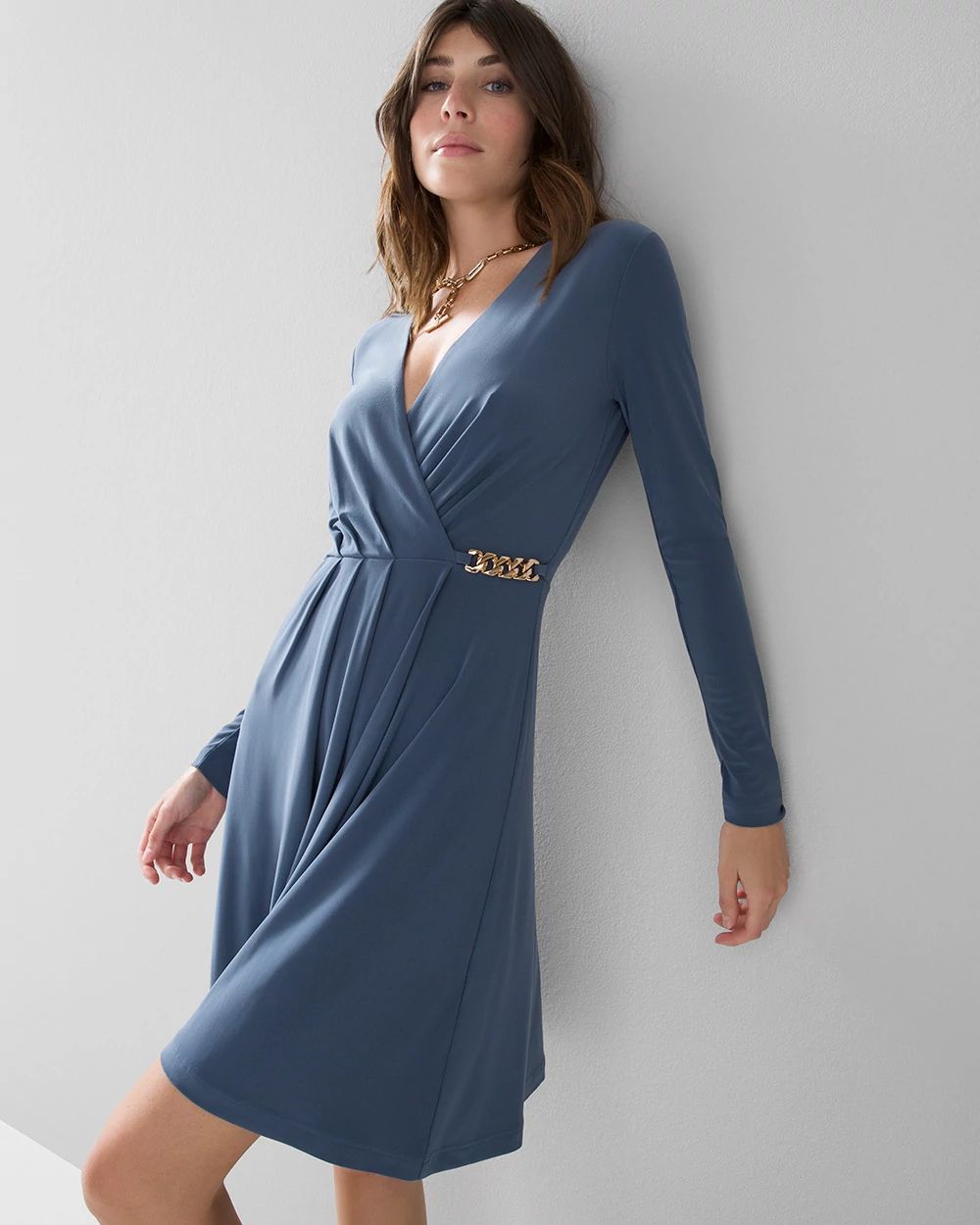 Long-Sleeve Matte Jersey Chain Detail Fit & Flare Dress click to view larger image.
