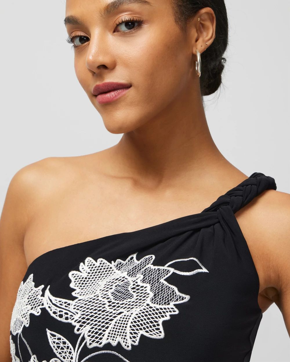 One-Shoulder Embroidered Matte Jersey Midi Dress