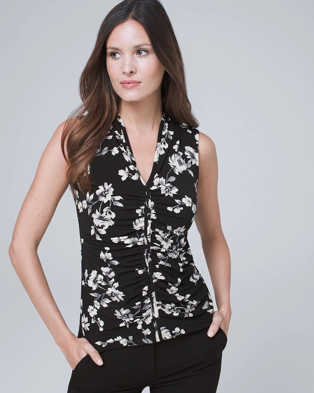 Sleeveless Ruched Floral-Print Top