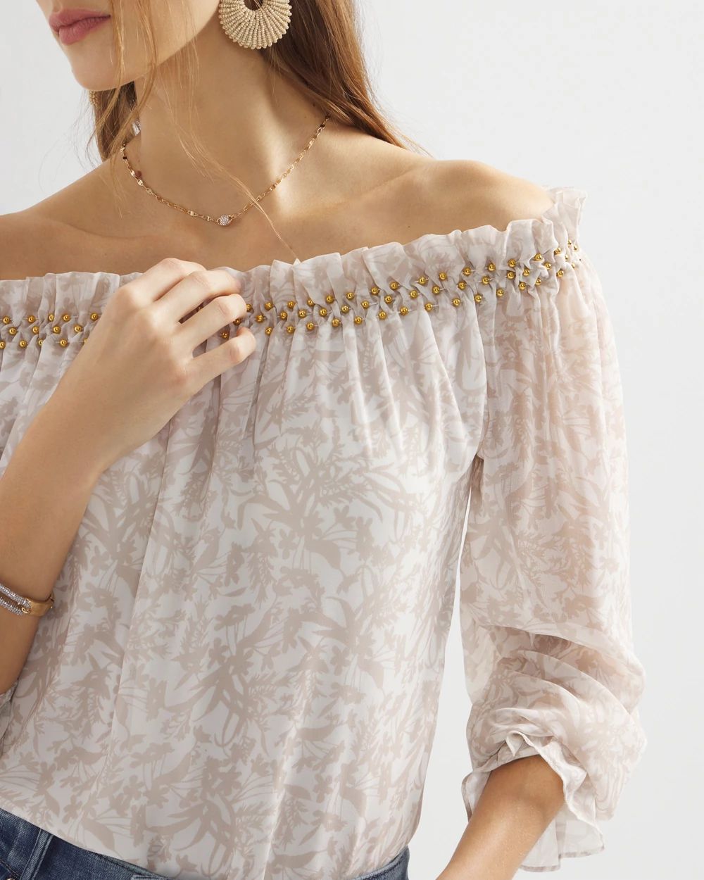 Off-the-Shoulder Beaded Chiffon Top