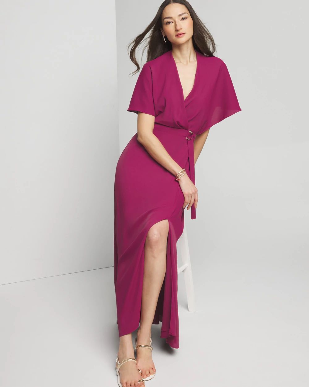Petite Cape Belted Maxi With Slit Dress