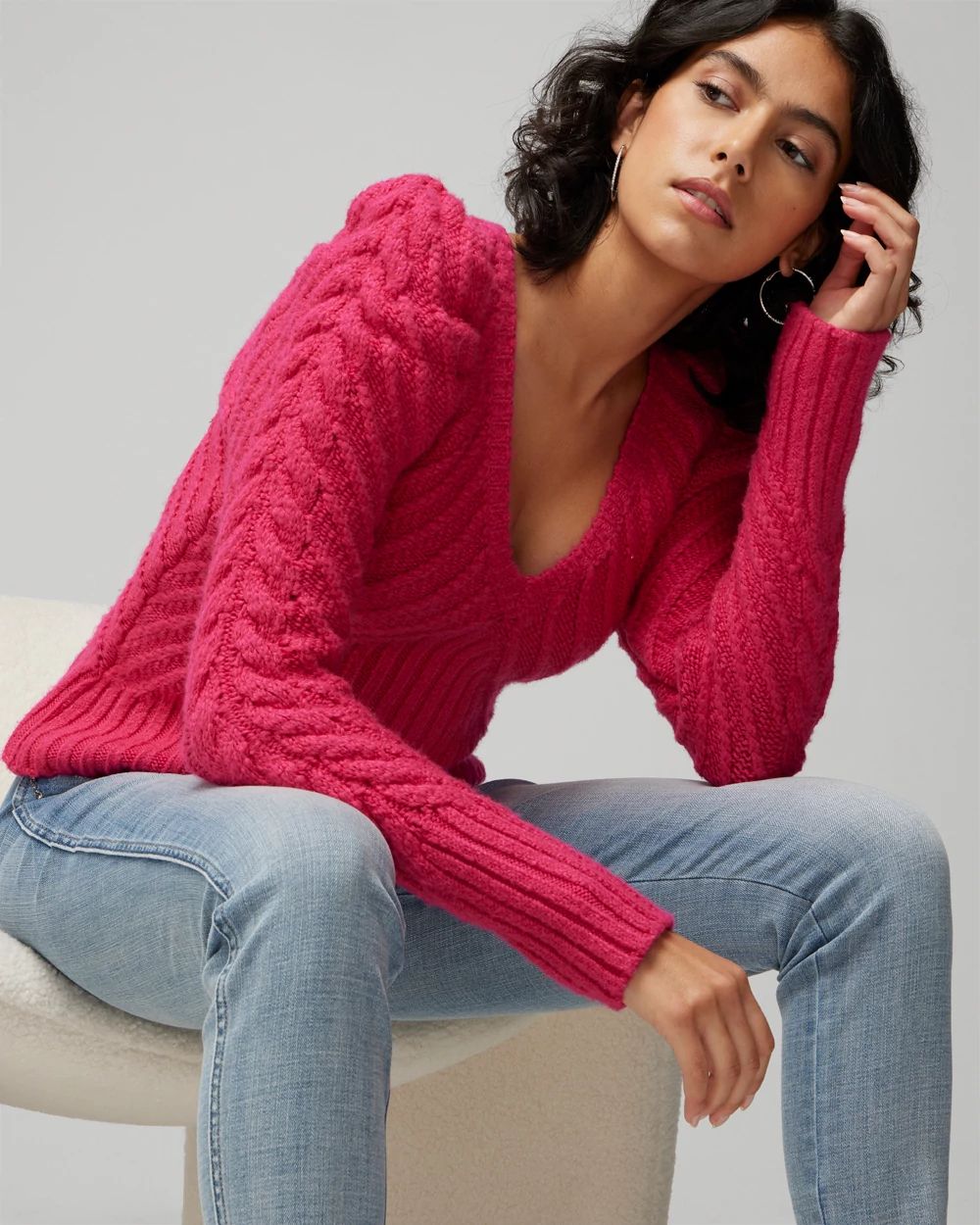 V-Neck Puff Sleeve Cable Pullover Sweater