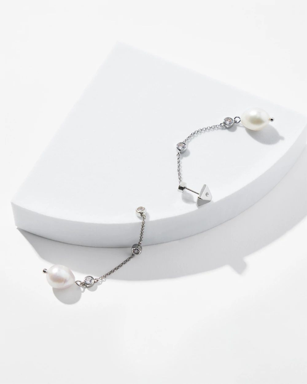 Silver Fresh Water Pearls Crystal Linear Earrings