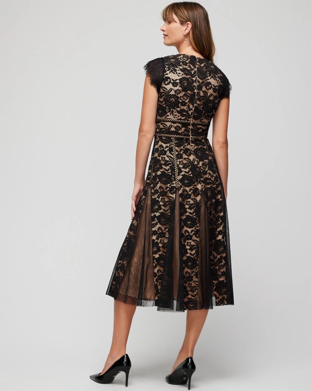Petite Cap Sleeve All Over Lace Godet Fit & Flare Dress